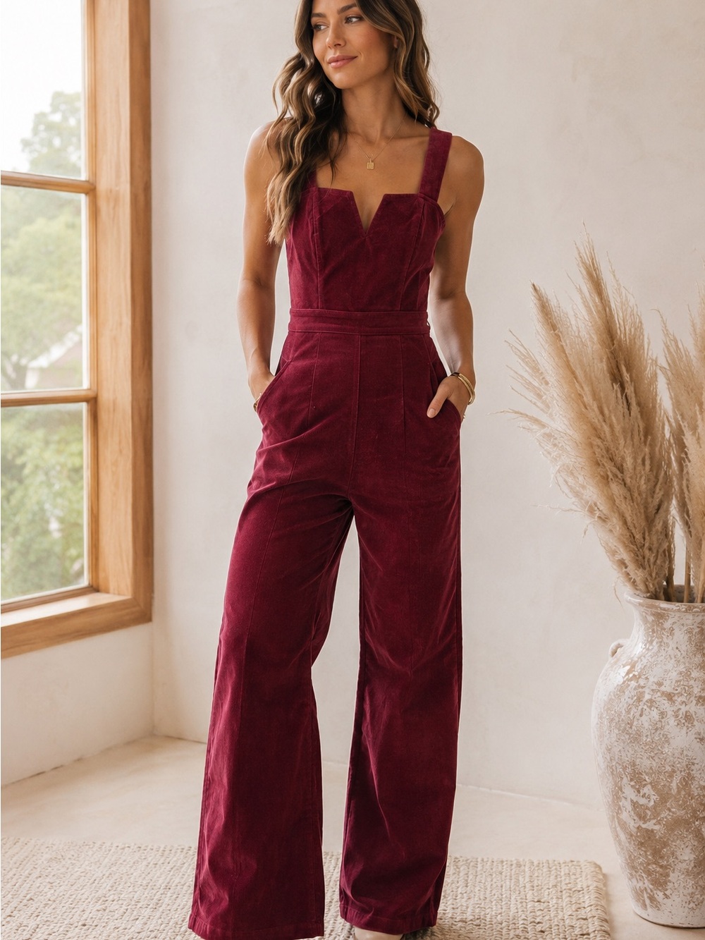 Altar’d State Burgundy Corduroy Wide Leg Jumpsuit - Size Small